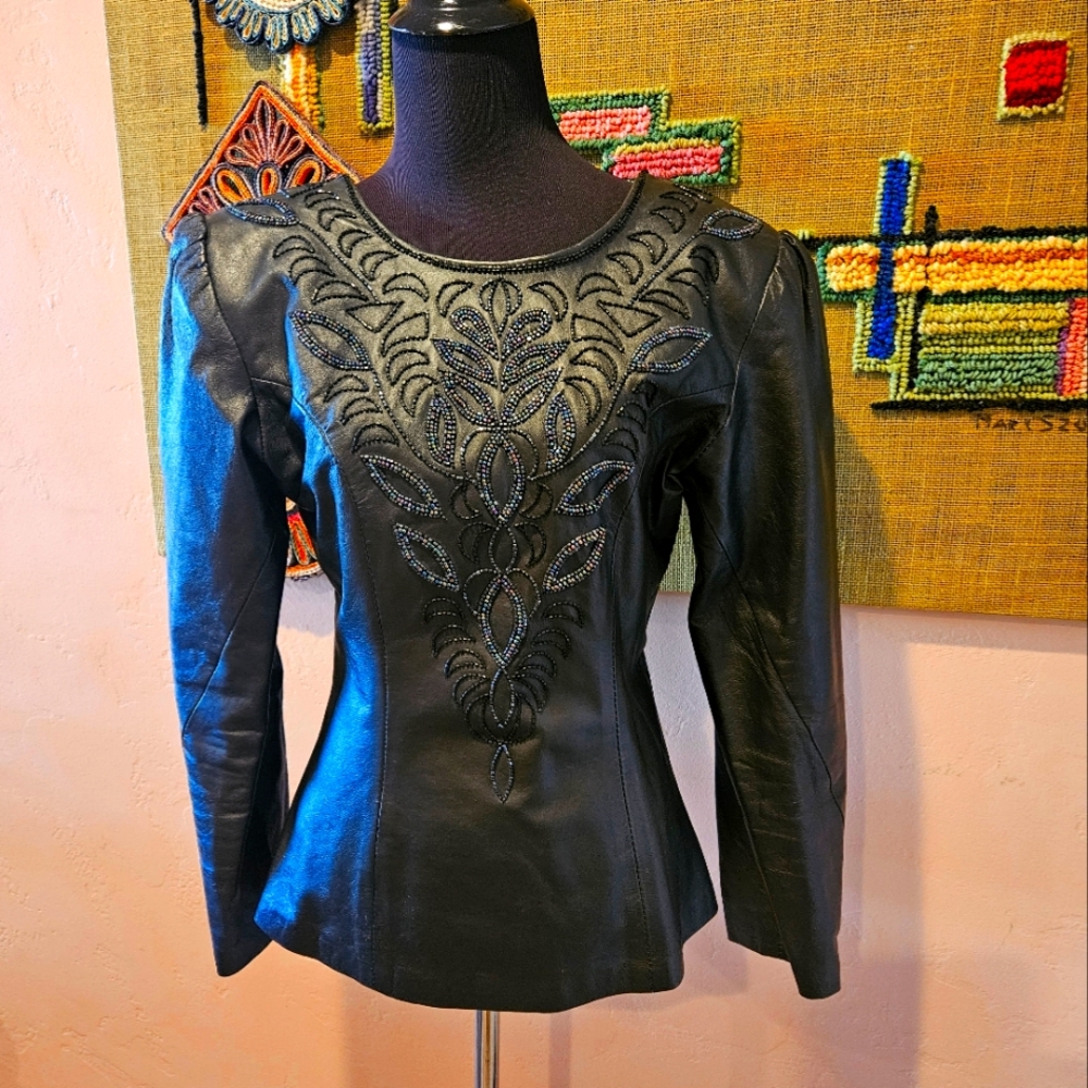 Vintage Black Embroidered Leather Jacket By SHOMAX